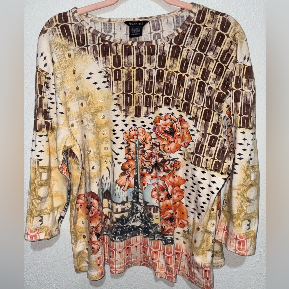 Women's Artistic Floral Blouse - Brown and Orange